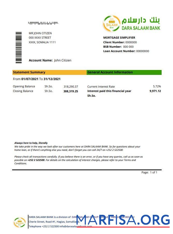 Printable Somalia Dara Salaam bank statement excel sample